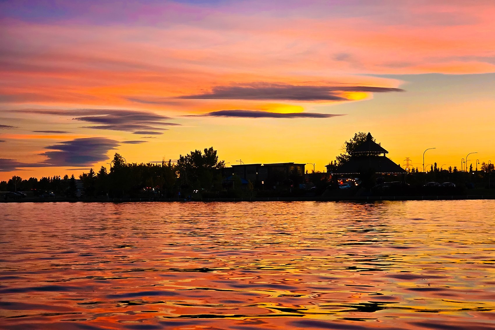 Backlit shoreline, Chestermere Lake, Chestermere, AB, 2024-09-24