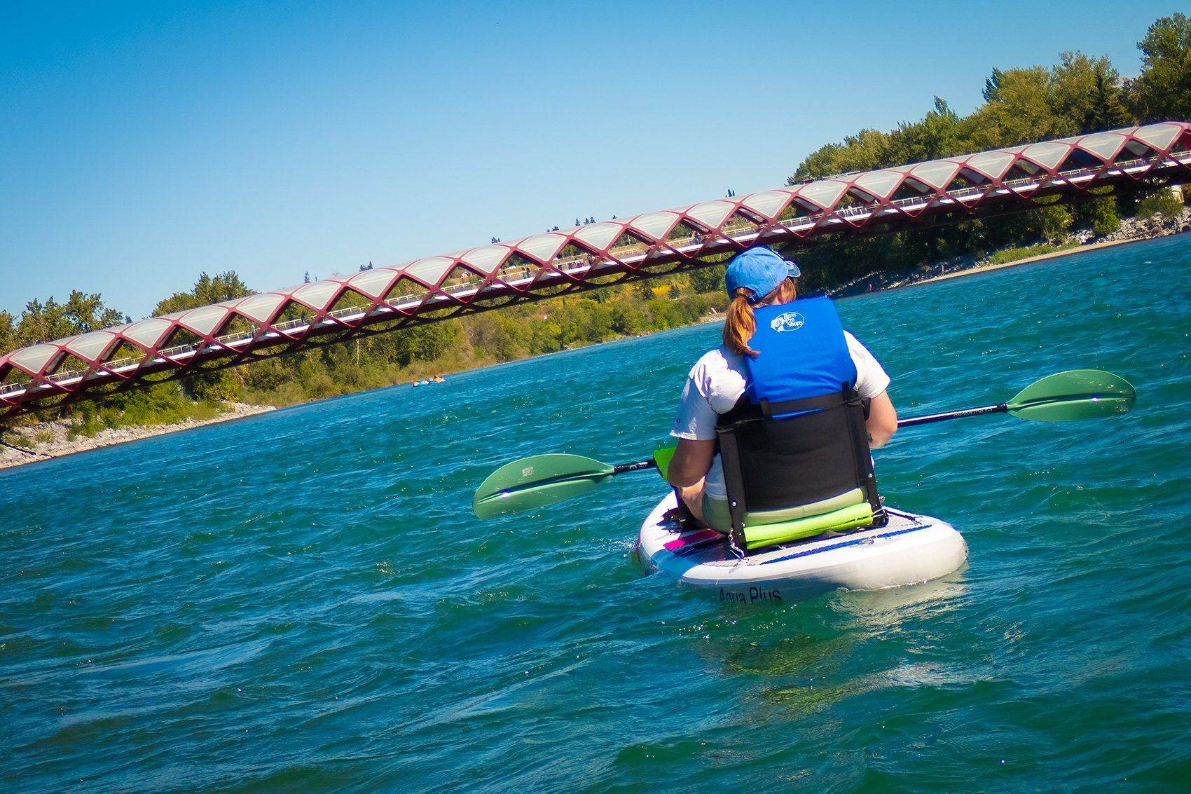 Ash approaching Peace Bridge, Bow River Float, Calgary, AB, 2024-08-31
